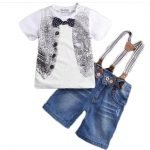 2019-New-Boys-Gentleman-Suit-T-shirt-Jeans-Strap-3pcs-Set-False-Two-Bow-tie-Boys