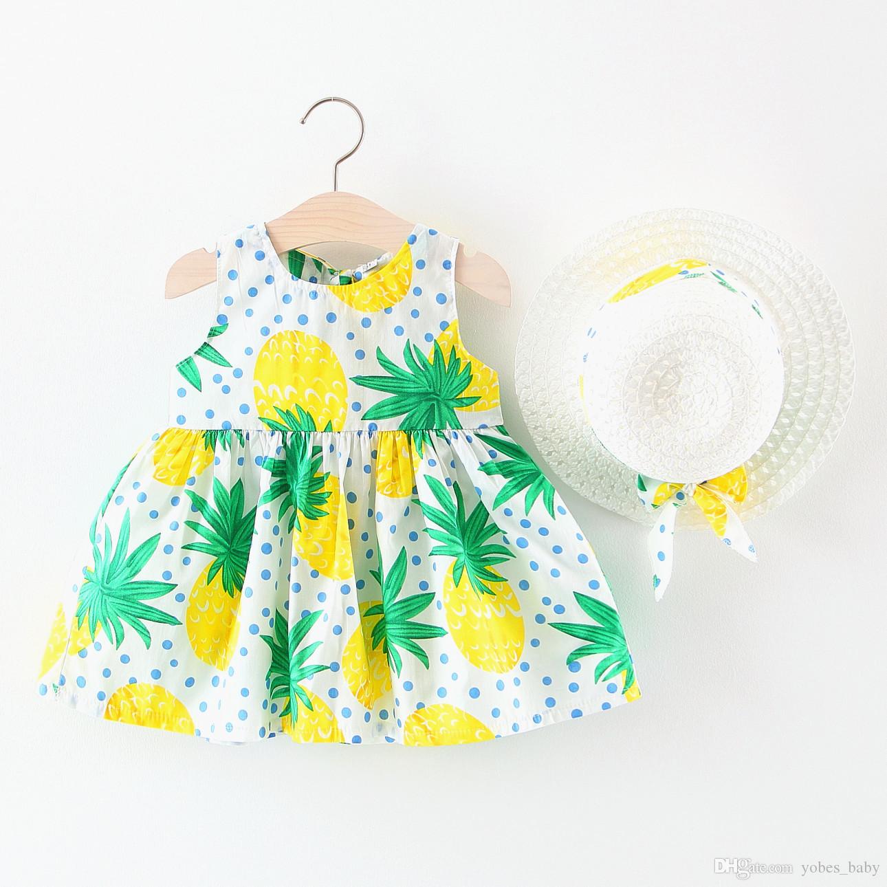 summer fruit series print frocks with straw hatkids for baby girls ...