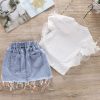 baby girl stylish cartoon print lace sequin top with denim sequin skirt suit import quality - Image 2