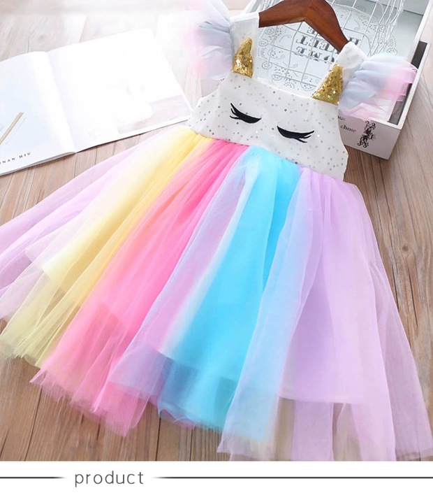 Unicorn frock girl princess dress baby cartoon eyelashes stitching rainbow  colors - Ali Kids Store